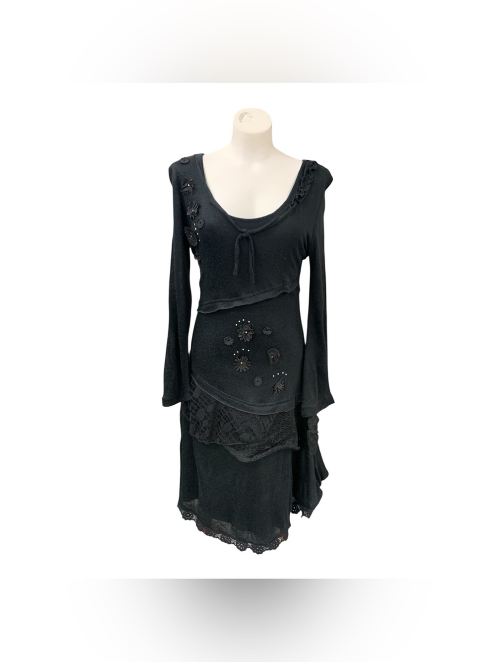 Papillon Black Embellished Layered Long Sleeve Dress Size S